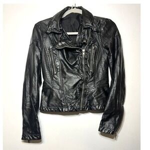 Free‎ People Black Moto Leather Vegan Asymmetric Zip Jacket Sz 0